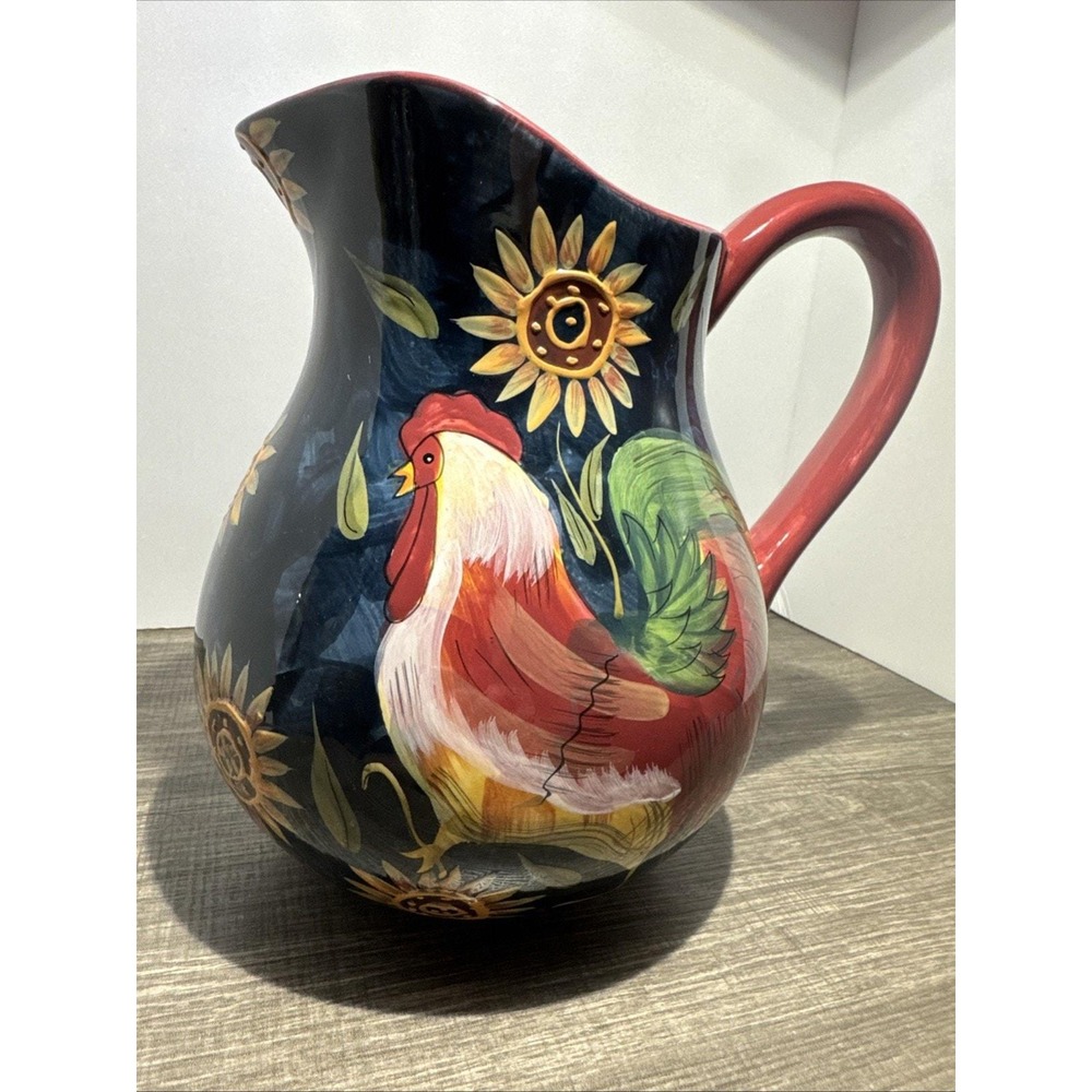 Certified Internat'l Susan Winget Sunrise Le Rooster Large Pitcher w/ Sunflowers
